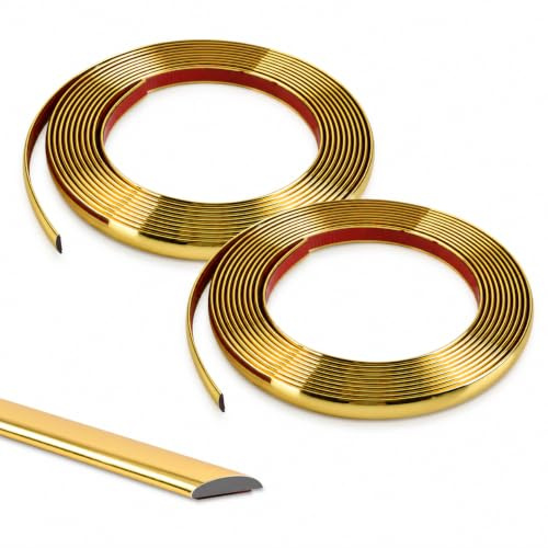10M(5Mx2 Rollen) Gold Kachelkantenleiste Zierleisten Selbstklebend Tapetenrand Wandperlenleiste Dekorative flache Kante PVC Vollendungsleisten für Wandkacheln,Decke,Spiegel,Schrank,Platte,12mm