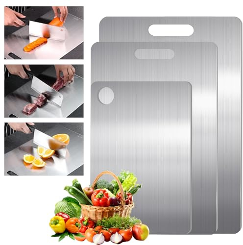Lot de 3 planches à découper en titane - Double face, sans danger pour les aliments, non poreuses pour la viande, les fruits et les légumes-sans microplastique, résistant aux odeurs, coffres-forts