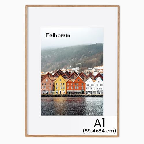 Feihorrm Massivholz Bilderrahmen, A1 Eiche Bilderrahmen, Mit gehärtetem Glas, Für 59,4x84 cm-Fotos ohne Passepartout oder 41x58,4 cm-Fotos mit Passepartout (Beige, A1 (59,4x84 cm)/ 1x)