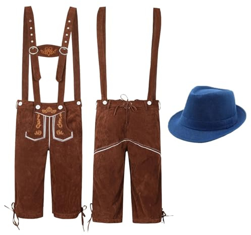 Generisch ​Trachten Lederhose Herren Braun Kurz Stickerei Verstellbare Kniebund Trägerhose mit Hosenträger Messingverschluss & Bayerischer Trachtenhut Trachte für Oktoberfest Outfit L-3XL