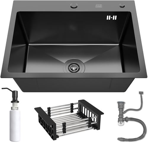 Fregadero de cocina de acero inoxidable grafito con sifón, escurridor de cesta y dispensador de jabón, acero 304, 2 agujeros para grifo, diseño moderno