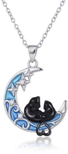 Tiehuoxia Collana Gatto Nero in Argento Sterling 925 con Ciondolo Mezzaluna, Gioiello Coppia di Gatti Regalo di Compleanno Natale per Donne, Madri e Mogli