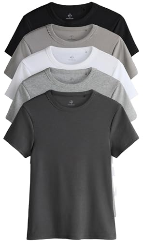 THE SET Femme T-Shirt côtelé à Manches Courtes, Lot de 5 Gris M