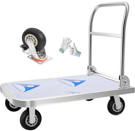 Schwerlast Plattformwagen 400 kg, Edelstahl Stahl Transportwagen mit 360°-Schwenkrädern (15 cm) Klappbar Handwagen,90 x 60 cm Flachbett ideal für Lager, Werkstatt, Gastronomie