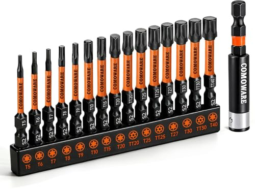 Torx Bit Set Lang, COMOWARE 16-tlg. 50mm-Lang Torx mit Loch Set (T5-T40, TT20-TT30) S2 Stahl Bitsatz Magnetische Spitze mit Sechskantschaft Schnellwechsel Bithalter Small Werkzeug Set