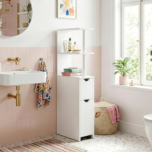 [en.casa] Nischenregal Badezimmer Fadeskimma Schrank schmal 19 cm breit Badezimmerregal Nischenschrank rollbar Badschrank mit Schublade 113 x 19 x 45 cm Weiß