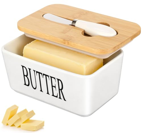 VINATO Plato de Mantequilla de Cerámica,Recipiente para Mantequilla con Tapa,Mantequera de Porcelana Hermético para 250 g,Contenedor Manteca-17.5 x 10.5 x 8 CM