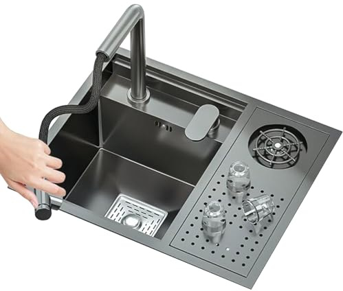 55X45CM Hidden Kitchen Bar Sink with Cover, Space-Saving RV Sink, Pull-Out Lift Faucet, Glass Rinser, Stainless Steel Single Bowl Dishwashing Basin Multi-Functional