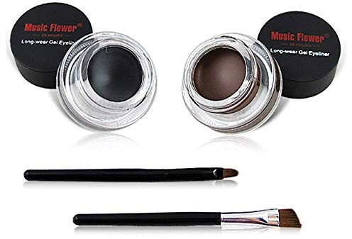 2 in 1 Black and Brown Gel Eyeliner Set Water Proof Smudge Proof, Last for All Day Long, Work Great with Eyebrow, 2 Pieces Eye Makeup Brushes Included