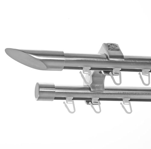 BASIT Gardinenstange Innenlauf Edelstahllook 20mm 2-läufig Decke 160cm D60 | Gardinenstangenset doppelläufig Deckenmontage Metall Vorhangstange Deckenhalterung 120-600cm wählbar Kappe Schräge E32