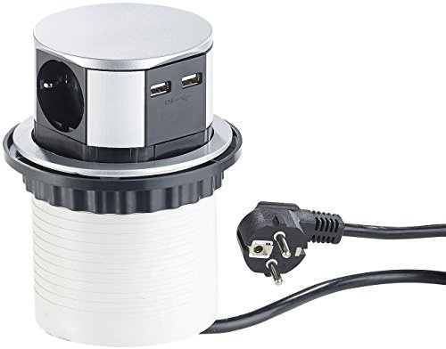 revolt Tischsteckdose: Versenkbare Einbau-Tisch-Steckdose, 3-Fach, 2X USB, Ø 100 mm, weiß (Tischsteckdose mit USB, Einbau, Hub)