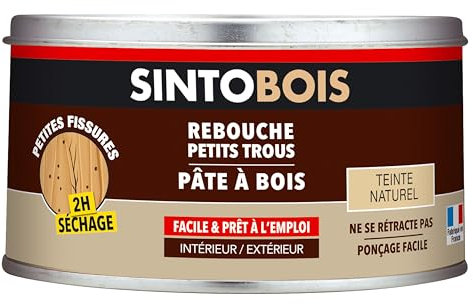 SINTOBOIS - Rebouche Petits Trous - Pâte à Bois - Prêt à l'Emploi - Sec en 2h - Formule Solvantée - Intérieur et Extérieur - Ne se Rétracte pas - Teinte Naturelle - Technique Professionnelle - 250 g