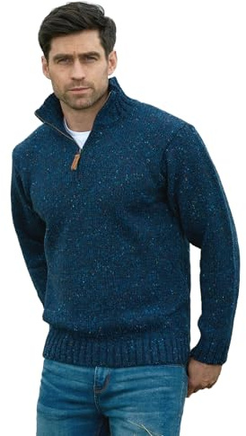Aran Crafts Men's Irish Cable Knitted Wool Half Zip Sweater (Z2040-MED-DEN) Denim