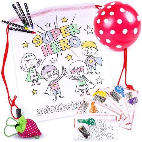 aeioubaby 10 Rucksacke zum Ausmalen | 10 einzelne Taschen mit 5 bunten Wachsmalstiften und Luftballon | Geschenk Kinder auf Festen und Geburtstagen (Helden)