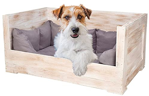 Vintage Möbel 24 GmbH Tolles Hundebett aus Holz mit Polsterung (Groß_ShabbyWeiß)