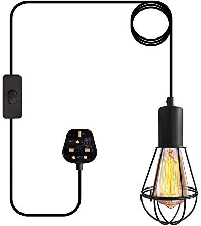 Industrial Pendant Light Fittings Vintage Plug in Pendant Lighting Metal Hanging Light with Plug Birdcage Chandelier with 450cm Cord On/Off Switch Black Ceiling Light Shade E27 Base (Without Bulb)