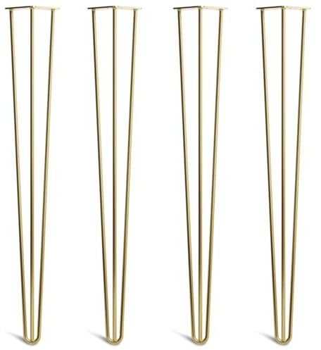 [HLC] 4 x Hairpin Table Legs – Superior Double Weld Steel Construction With Screws, Build Guide & Protector Feet Worth £8 Included! – 10mm Steel [34/86cm,Brass]