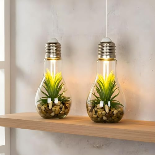 levandeo 2er Set LED Glühbirne H19cm Sukkulenten Grün Deko Lampe Kunstpflanze Hängelampe Tischdeko
