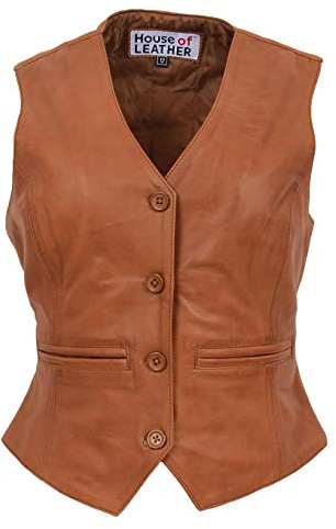 Rita - Chaleco de piel auténtica para mujer, cierre de botón, estilo tradicional, Tan, 18