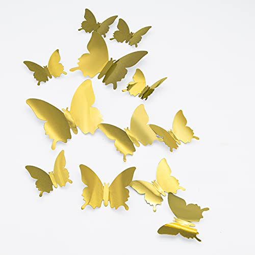 3D Schmetterling Wandaufkleber, CAYUDEN 24pcs 3 Größen Abnehmbare Spiegel Wandaufkleber Schmetterlinge zum Aufkleben DIY 3D Aufkleber Schmetterling Gold für die Wand, Hochzeit, Partydekoration(Gold)