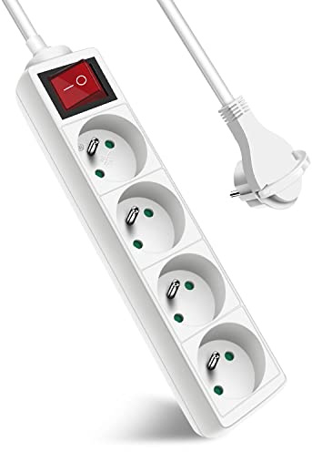 Extrastar Multiprise 4 Prises avec Interrupteur Fiche plate, Bloc 4 prises, Rallonge 1.5m 230 V avec sécurité Enfant, Blanc