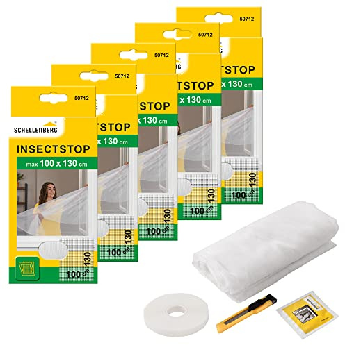 Schellenberg 5er Spar-Pack 50712 Fliegengitter für Fenster, Insektenschutz ohne Bohren, Schutz vor Mücken, Fliegen, Insekten & Ungeziefer, 100 x 130 cm, inkl. Befestigungsband, weiß