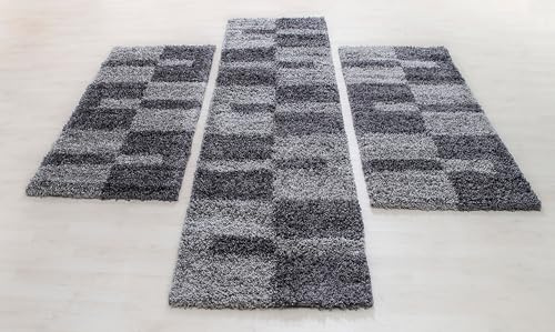 Carpettex Bettumrandung Schlafzimmer 3teilig Shaggy Teppich Hochflor Kariert Design Grau Bettset:2 mal 80x150 + 1 mal 80x250 - Bettvorleger Schlafzimmer Läufer Set Flauschiger Bettumrandung Teppich
