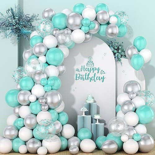 Ousuga Kit Arco Ghirlanda Palloncini Blu Teal,113pz Palloncini Argento Bianco Blu Teal Coriandoli Palloncini Trasparenti Ragazzi Compleanno Matrimoni Fidanzament Anniversari Nuziale Baby Shower Deco