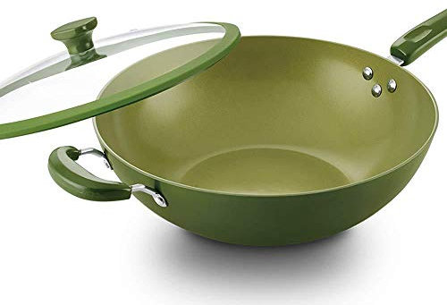 OQHAIR Utensili per la casa Wok, Metallo Antiaderente/lavastoviglie/Wok Adatto al Forno, 34 cm (34 cm)