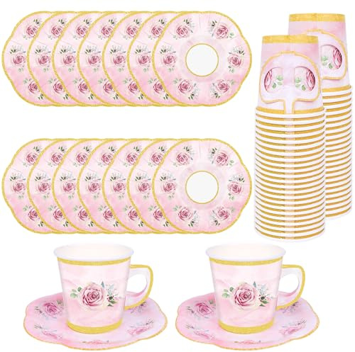50 Pcs Paper Tea Cups and Plates Pink Floral Disposable Paper Teacups and Saucer Sets with Gold Rim Decorations for Hot Cold Drinks for Wedding Birthday Baby Shower Tea Party, Serve 25