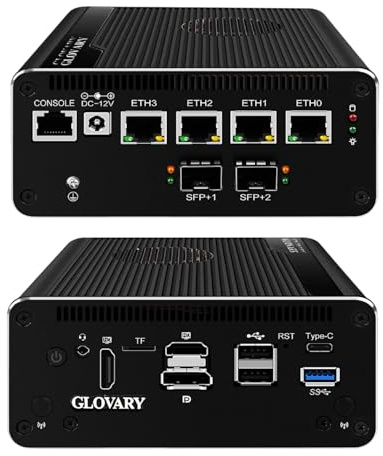 Glovary Micro Firewall Appliance 13th Gen U300E, Dual 10GbE 82599ES SFP+ Mini PC Router, 4 x 2.5GbE LAN Home Server, DDR5 8GB RAM 256GB SSD, USB-C 10Gbit, Win11, OPNsense Hardware