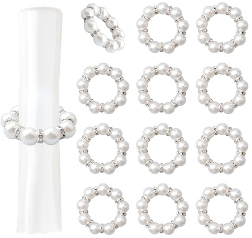 URROMA Serviettenringe, wei遝 Perlenkette, 12 St點k, Perlen-Strass-Serviettenhalter f黵 Stoff-Tischserviettenringe f黵 Geburtstag, Hochzeit, Ostern, Esstisch, Partys
