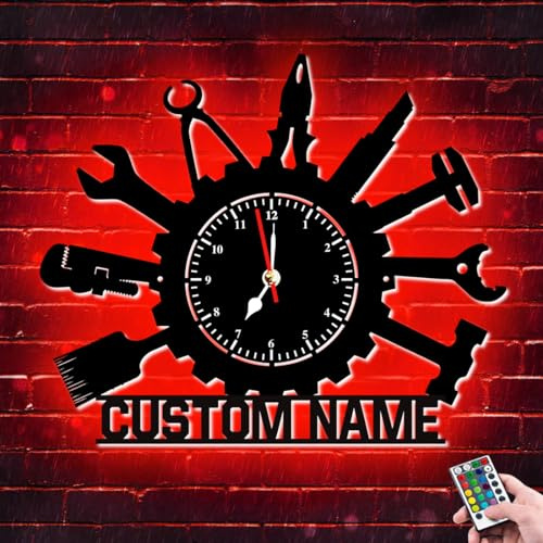 Orologio da parete personalizzato per officine di riparazioni, insegna al neon, con nome in metallo personalizzato che si illumina, orologio da parete a LED silenzioso al quarzo senza ticchettio
