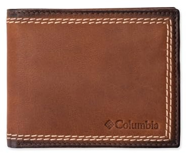 Columbia Mens RFID Slim Bifold Wallet With ID Window Brown Contrast Stitch