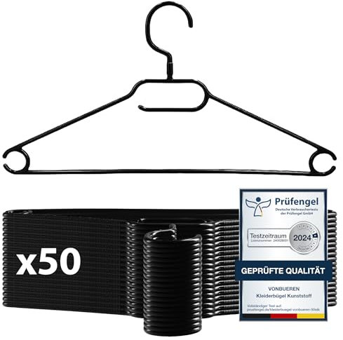50 x Kleiderbügel schwarz aus Plastik VonBueren | mit Drehhaken | 100% Recyclingkunststoff | hergestellt in der EU