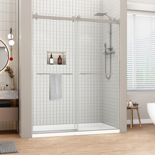 Sunrosa Frameless Double Sliding Shower Door 44-48 W x 76 H, 5/16 (8mm) Thick Easy-Clean Tempered Glass, Soft-Close Adjustable Shower Door with Towel Bar, Brushed Nickel Finish