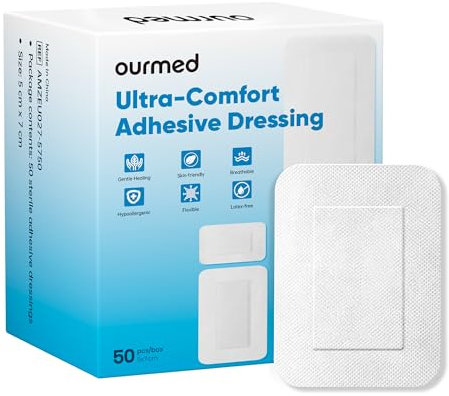 ourmed Cerotti sterili per ferite 5 x 7 cm, medicazione sterile autoadesiva con forte adesione, protegge da tagli e graffi, rimozione indolore, confezionati singolarmente, 50 pezzi