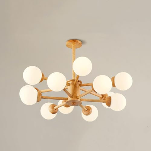 YFMYY Bauernhaus-Kronleuchter aus Holz, 12 Lichter, große rustikale Holz-Pendelleuchte mit weißem Glasschirm, halbbündig montierte Sputnik-Kronleuchter für Kücheninsel, Wohnzimmer, Schlafzimmer
