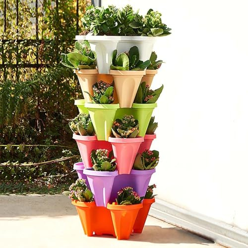 MAYFABD Stapelbar Blumentopf Groß Erdbeerturm Hochbeet Pflanzturm Rund Pflanzkübel mit Plastik Untersetzer für Innen und Balkon Garten Terrasse Pflanzen Wetterfestes Pflanzgefäß,B,6pcs