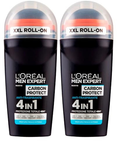 L'Oréal Paris Men Expert Carbon Protect Deodorante Roll-On Anti-Traspirante 4in1 Protezione 48h Contro Cattivi Odori Umidità con Testina XXL Profumo Fresco Intenso - 2 Flaconi da 50ml