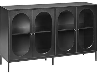 Aparador Elegante Tablero de partículas de Vidrio Templado con estantes Patas de Hierro Comedor Negro Langford