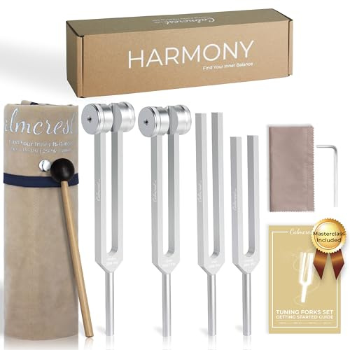 Harmony Stimmgabeln für Heilung Set (128Hz 136.1Hz 256Hz 384Hz) | Weighted & Unweighted Pure Frequencies Stimmgabeln mit Anfängeranleitung, Schlägelaktivator, Samtbeutel für Klangheilung