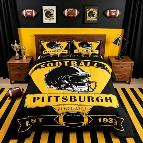 Feelyou Football Comforter Set,Pittsburgh Bedding Set Twin Size,American Football City Comforter,Football Fans Gifts Bed Set