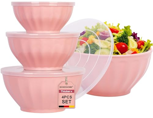 BoxedHome Mixing Bowls with Lids Set, 4 Piece Large Plastic Nesting Mixing Bowls, Microwave and Dishwasher Safe, BPA Free, Great for Kitchen Prepping, Baking, Cooking Food, Pink