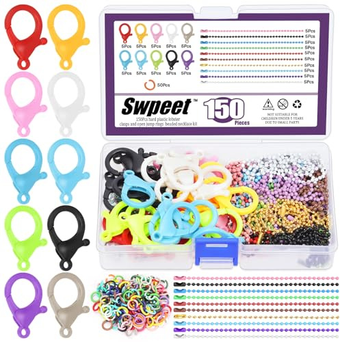 Swpeet 150Pcs 10 Colori Chiusure di Artiglie di Aragosta in Plastica con Catene a Sfera e Colori Misti Open Jump Anelli Kit Assortimento, Clip Portachiavi per la Fabbricazione di Gioielli