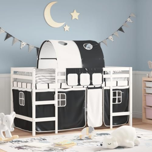 MOBCANT Kinderhochbett mit Tunnel, Bett Betten Futonbett Einzelbett Geeignet für Schlafzimmer Schulen Hotel Wohnungen Weiß und Schwarz 90x200 cm Kiefernholz