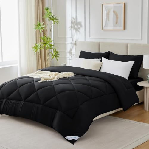 WAVVE Bettdecke 155x220 cm Winterdecke Warm, Steppdecke Winter 450gsm Mikrofaser Duvet 155x220cm, Weiche Kuschelige Steppbettdecke 155 x 220 Schwarz