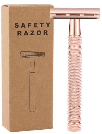 Maquinilla de afeitar de una sola hoja para mujer, maquinilla de afeitar de oro rosa reutilizable con mango de acero inoxidable y latón, se adapta a todas las cuchillas de doble filo