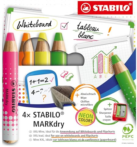 STABILO - Whiteboard- und Flipchartmarker - MARKdry - 4er Pack mit Spitzer und Abwischtuch - 4 Neonfarben