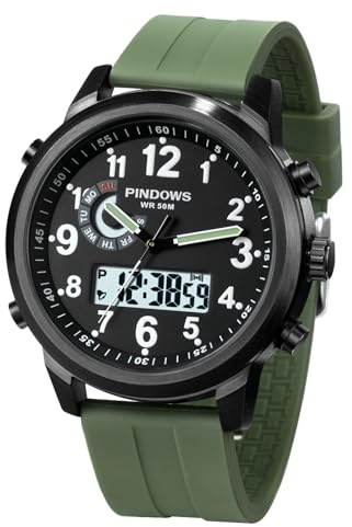 PINDOWS Herrenuhr Digital Analog, Multifunktion Sport Casual | Duales Display, helles Nachtlicht, Wecker, präzise Stoppuhr und spritzwassergeschütztes Design